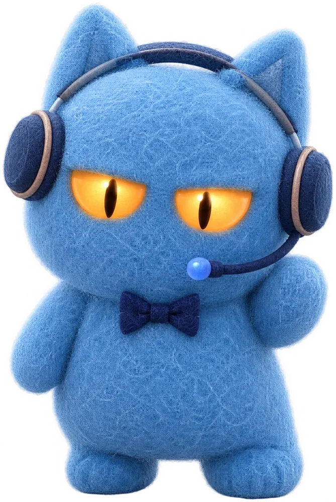 Milo, a blue felt cat with headphones