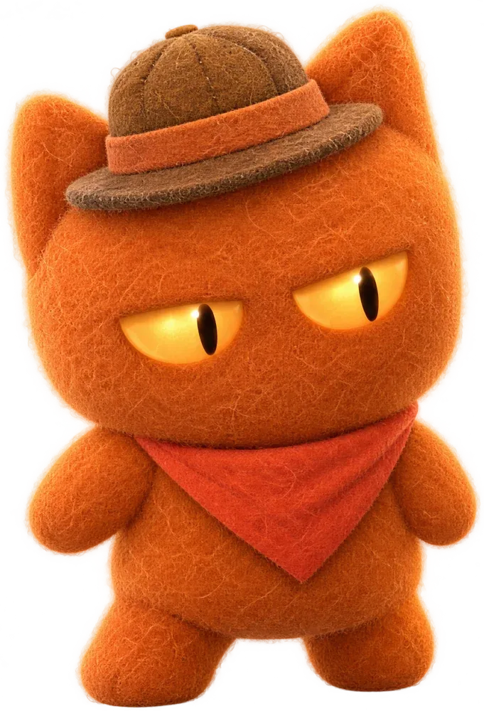 Hunter, an orange felt cat in an explorer hat