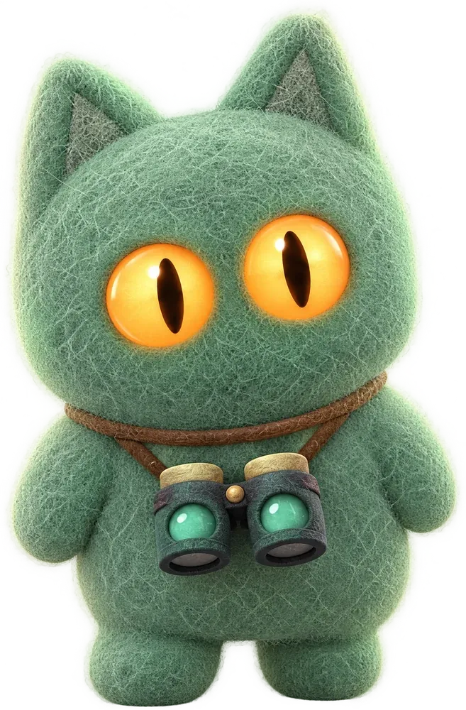 Luke, a green felt cat with binoculars
