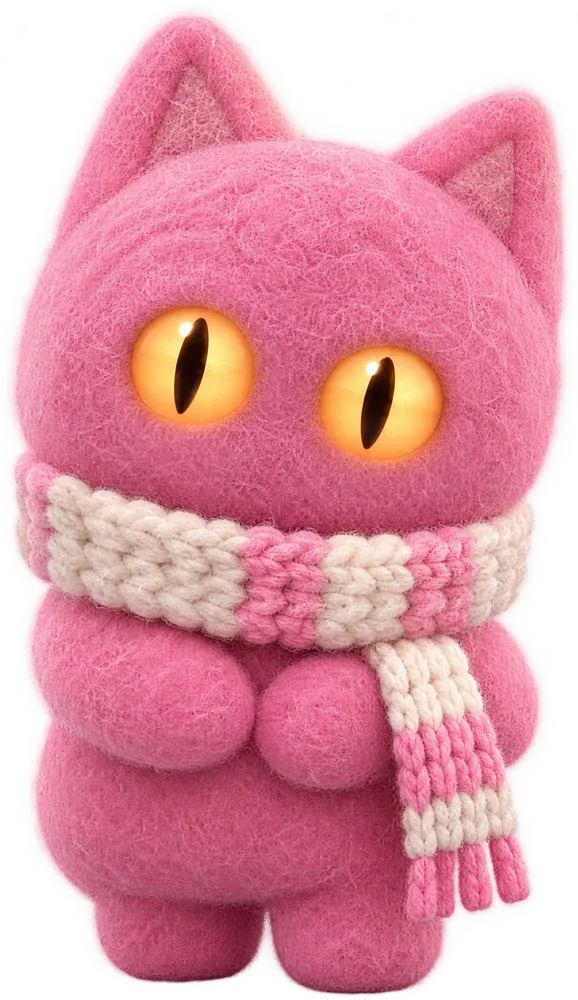 Sofie, a pink felt cat in a knitted scarf