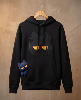 Monty’s eyes on a black hoodie