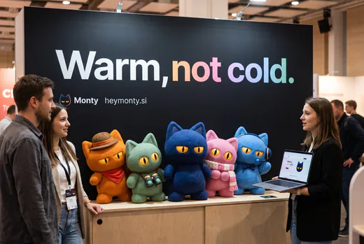 A conference booth: “Warm, not cold.” with the felt crew on the counter