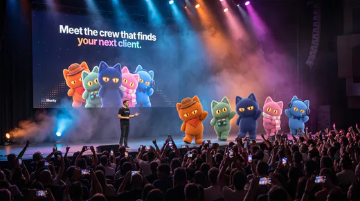 A keynote stage with the crew on screen