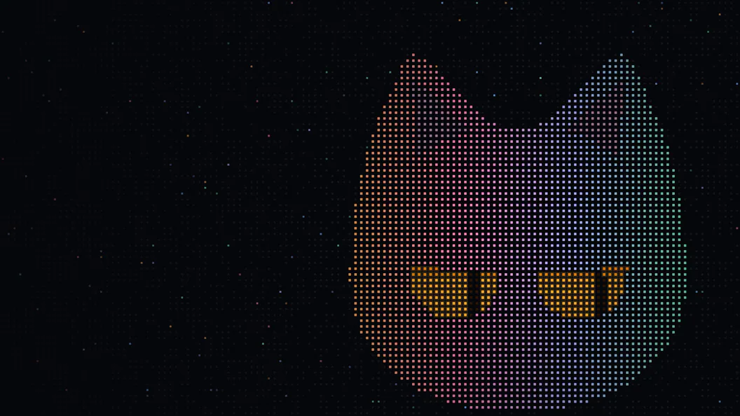 Monty’s head drawn in square dots on night, two amber eyes lit
