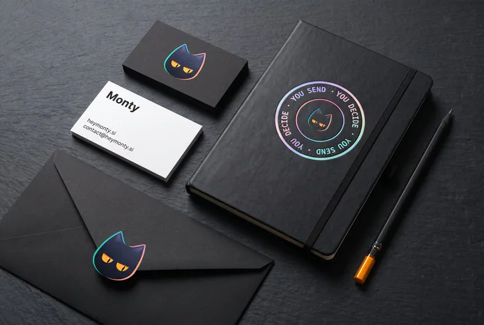 Business cards, an envelope and a notebook with the seal