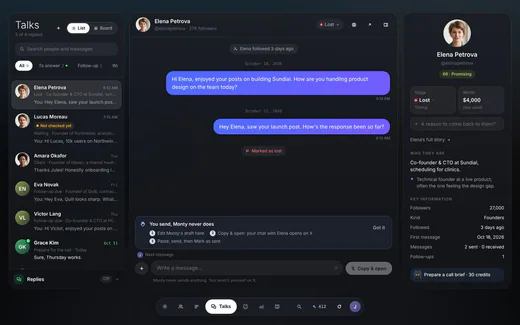The Talks screen, example data