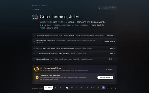 The Today screen, example data