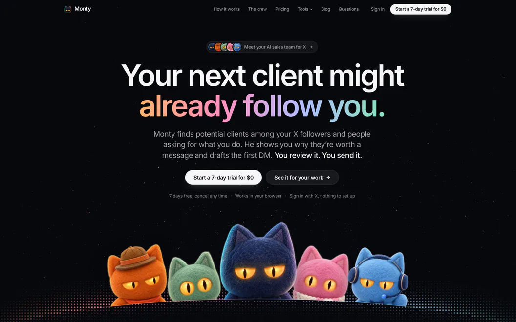 The heymonty.si homepage: “Your next client might already follow you.” with the felt crew on the horizon